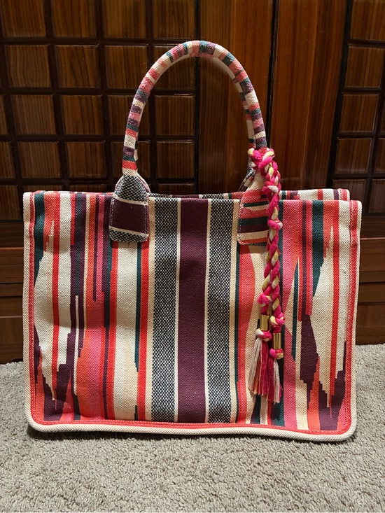 Vince Camuto Handbags - Vince Camuto Orla Cotton Canvas Stripe Large Tassel Tote Bag Pink Multi